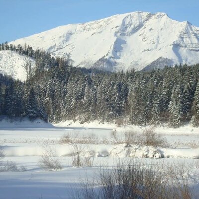 Pension Klug  Blick auf schneebedeckter Stausee vom Ötscher