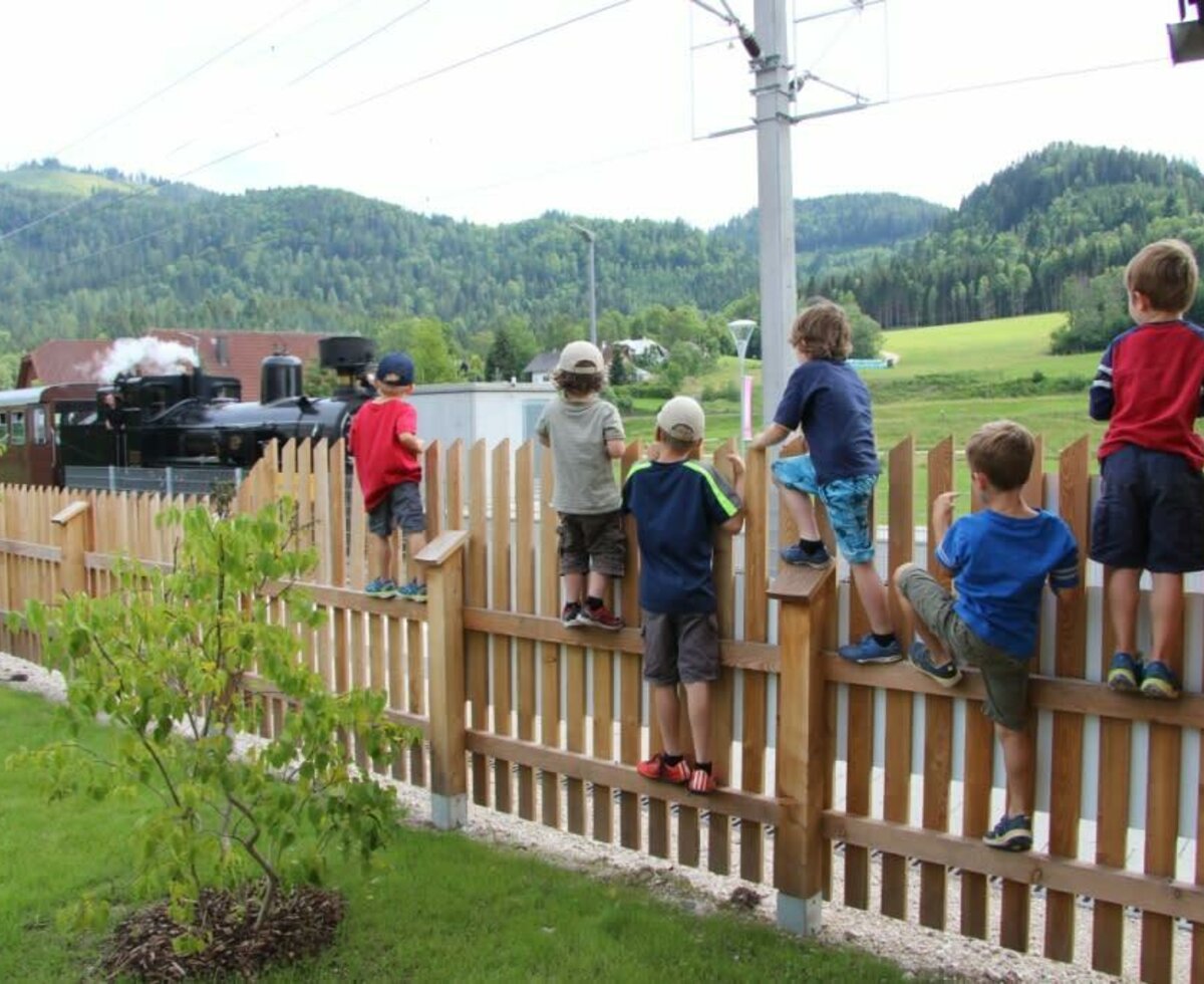 Die Dampflok vor dem Garten